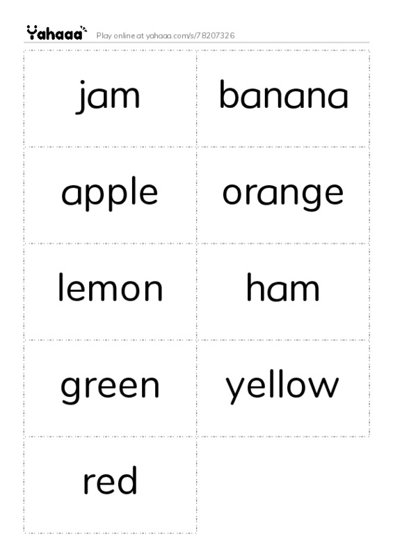 Word flashcards worksheet for jam, banana, apple and 6 more