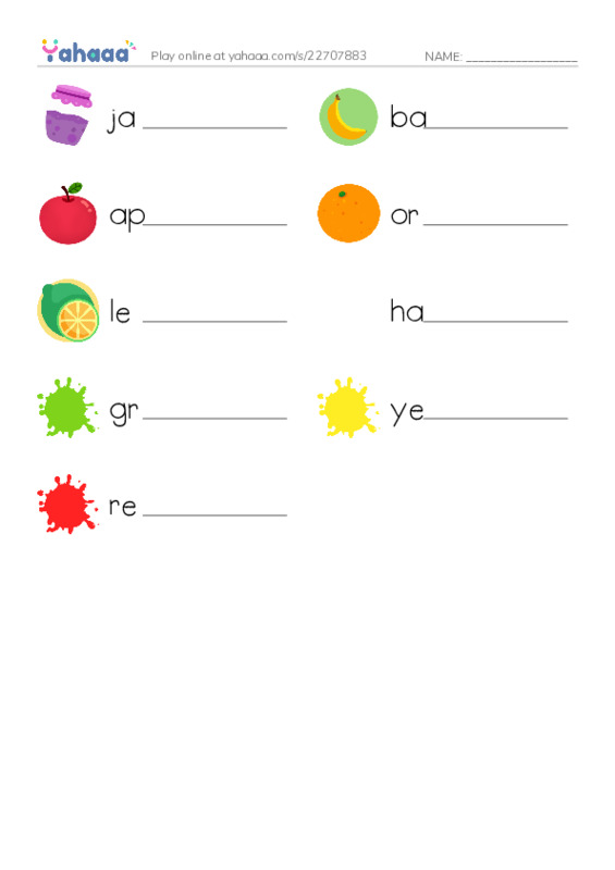Write the word rows worksheet for jam, banana, apple and 6 more
