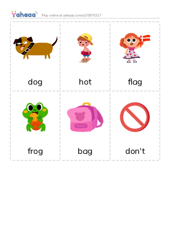 Picture flashcards worksheet for dog, hot, flag and 3 more