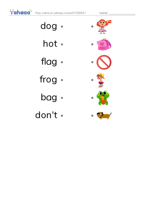 Draw a line to match worksheet for dog, hot, flag and 3 more