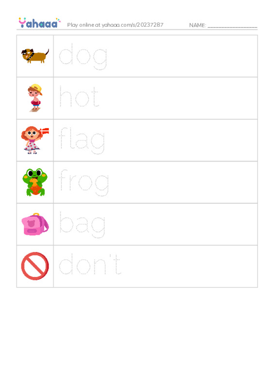 Picture and word rows worksheet for dog, hot, flag and 3 more