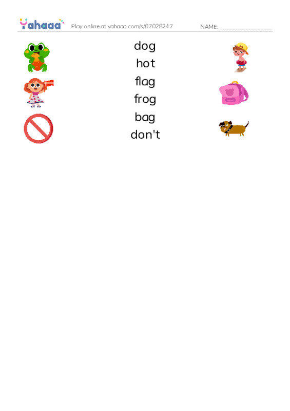 Match both sides worksheet for dog, hot, flag and 3 more