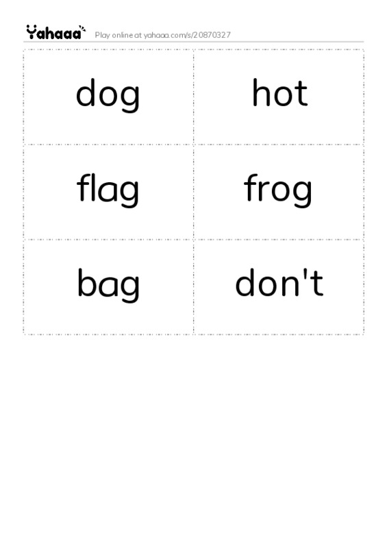 Word flashcards worksheet for dog, hot, flag and 3 more