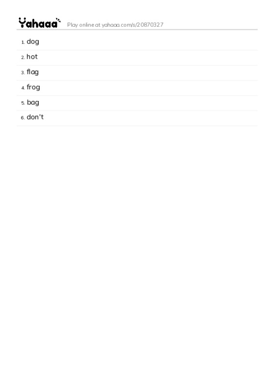 Word list with meanings worksheet for dog, hot, flag and 3 more