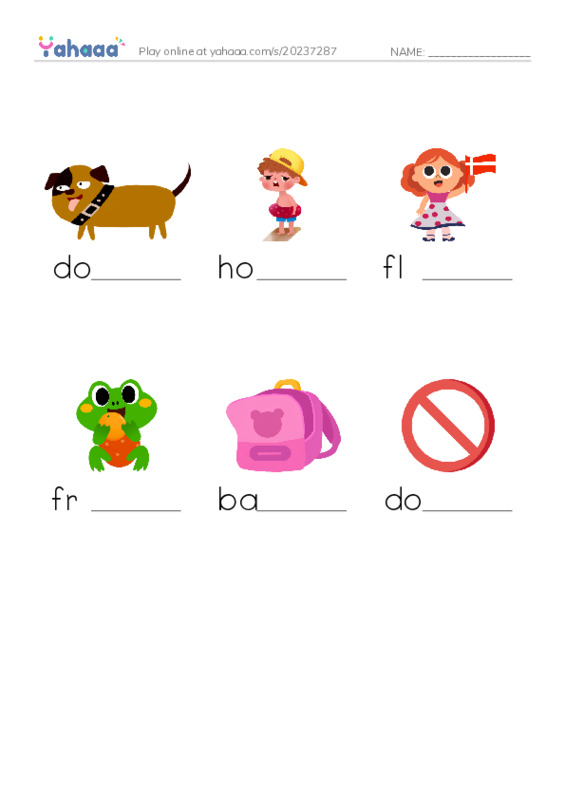 Finish the word worksheet for dog, hot, flag and 3 more
