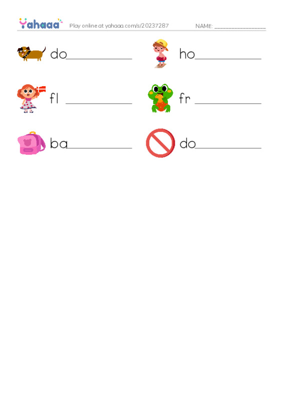 Write the word rows worksheet for dog, hot, flag and 3 more