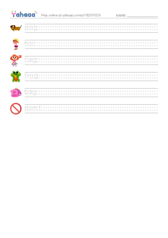 Handwriting lines worksheet for dog, hot, flag and 3 more