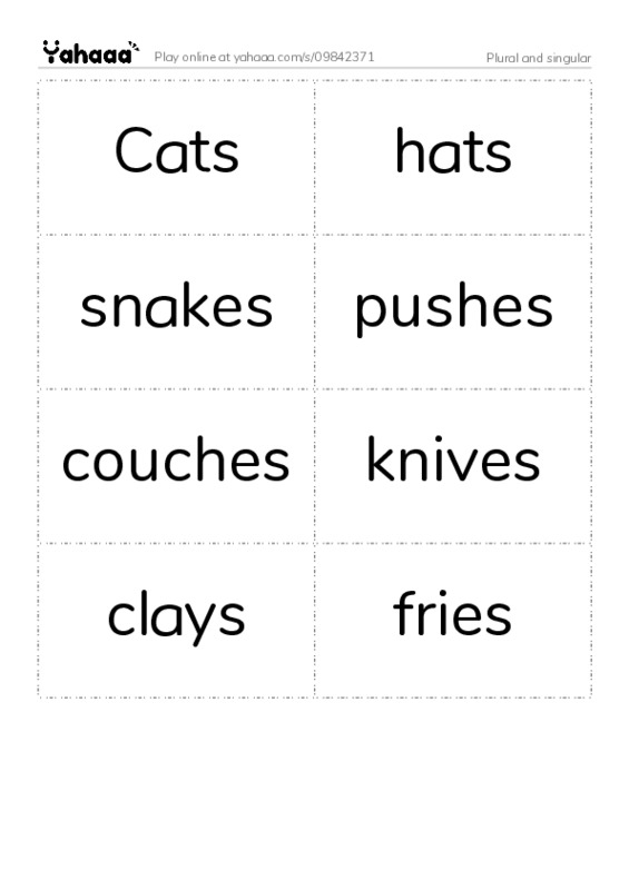 Word flashcards worksheet for Plural and singular