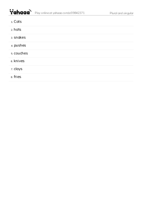 Word list with meanings worksheet for Plural and singular