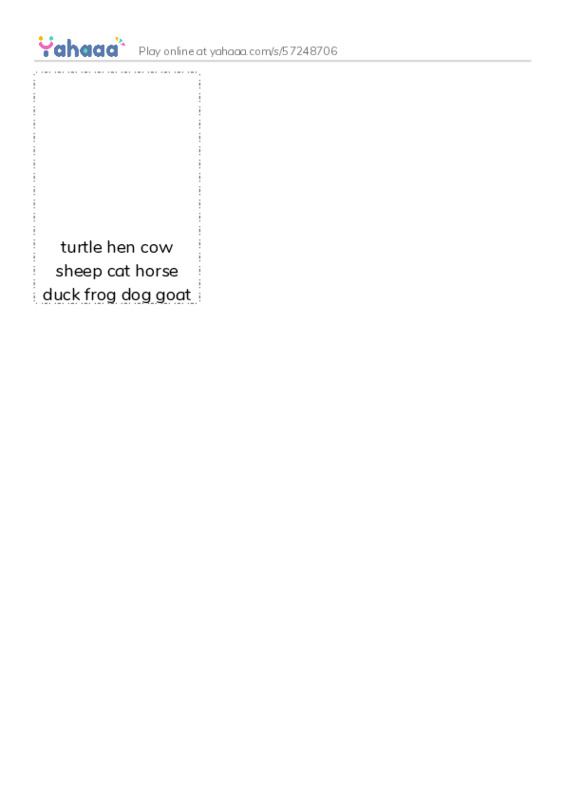 Picture flashcards worksheet for turtle hen cow sheep cat horse duck frog dog goat