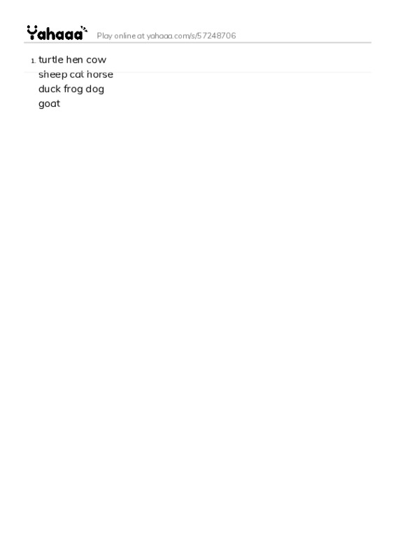 Word list with meanings worksheet for turtle hen cow sheep cat horse duck frog dog goat