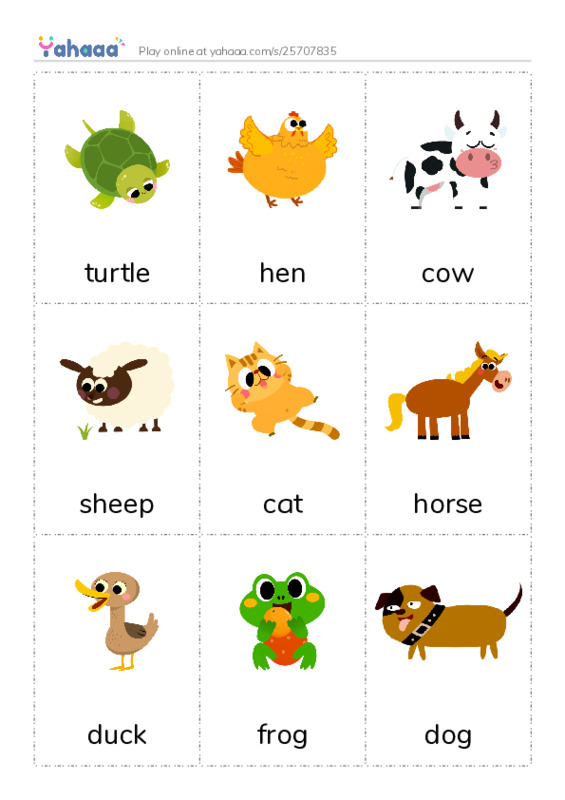 Picture flashcards worksheet for turtle, hen, cow and 5 more