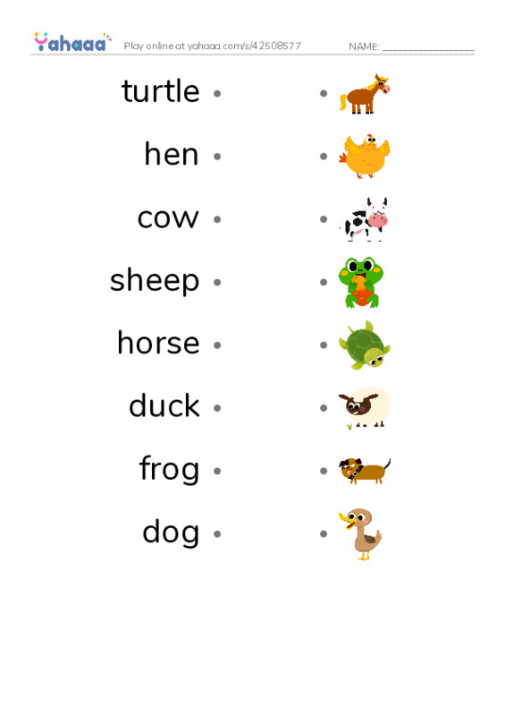 Draw a line to match worksheet for turtle, hen, cow and 5 more