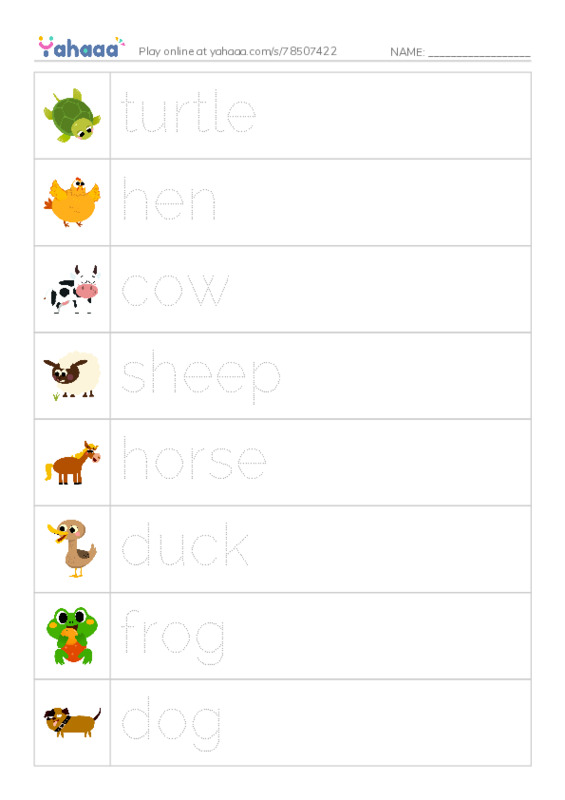 Picture and word rows worksheet for turtle, hen, cow and 5 more