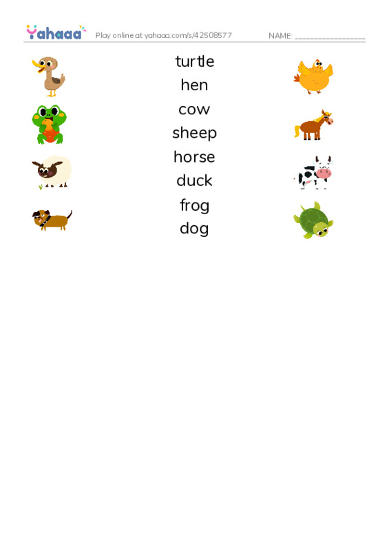 Match both sides worksheet for turtle, hen, cow and 5 more