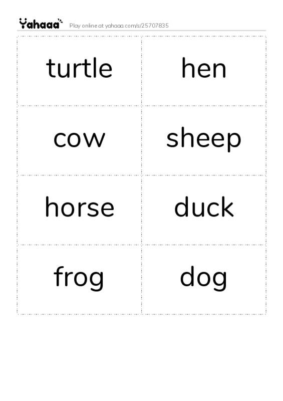 Word flashcards worksheet for turtle, hen, cow and 5 more