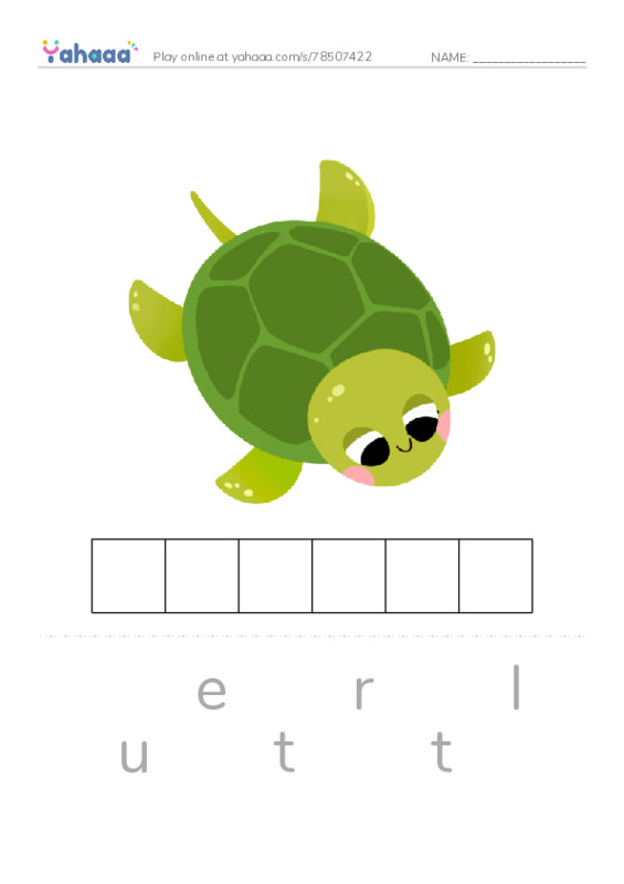 Letter scramble puzzle worksheet for turtle, hen, cow and 5 more