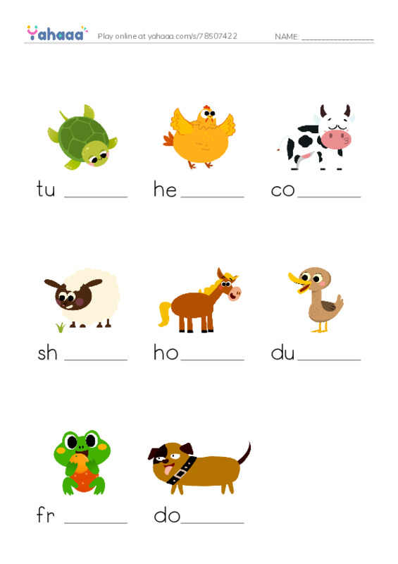 Finish the word worksheet for turtle, hen, cow and 5 more