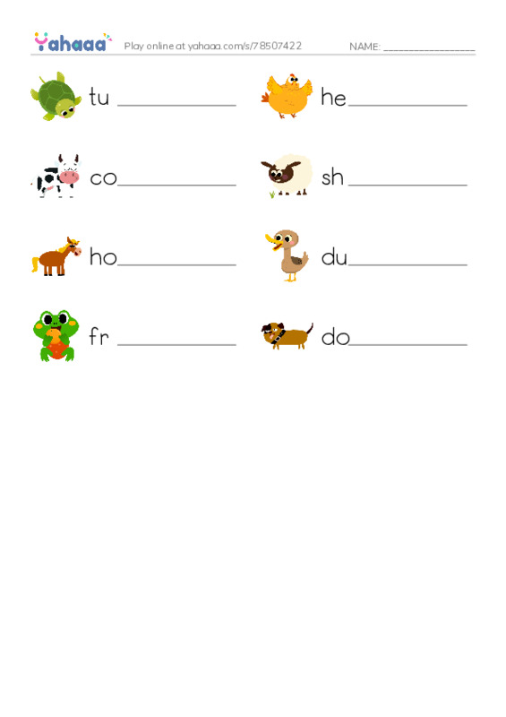 Write the word rows worksheet for turtle, hen, cow and 5 more