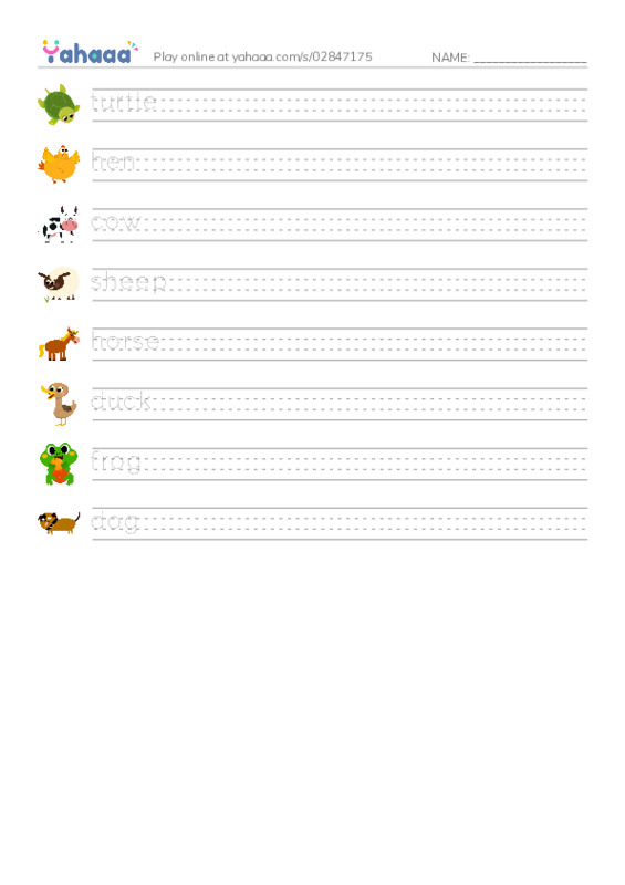 Handwriting lines worksheet for turtle, hen, cow and 5 more