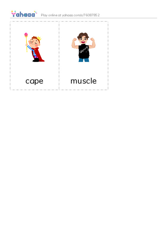 Picture flashcards worksheet for cape, muscle