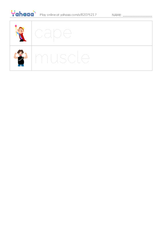 Picture and word rows worksheet for cape, muscle