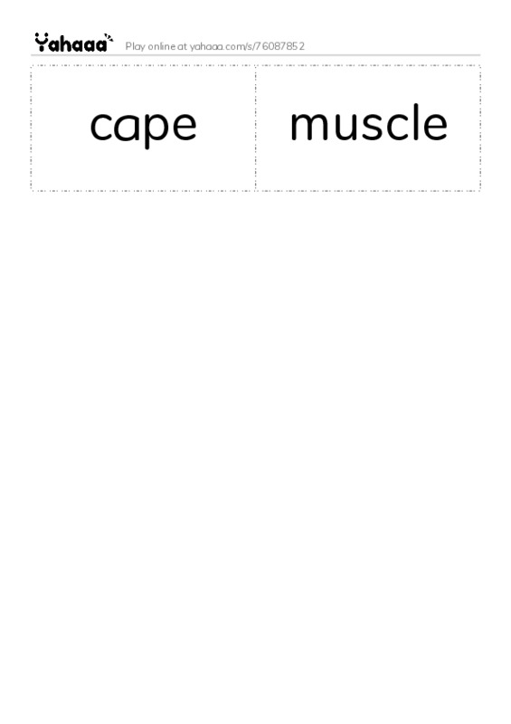 Word flashcards worksheet for cape, muscle