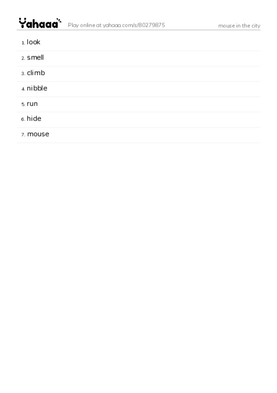 Word list with meanings worksheet for mouse in the city 