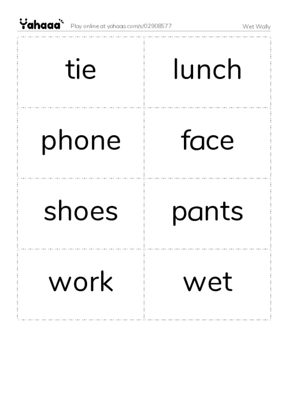 Word flashcards worksheet for Wet Wally
