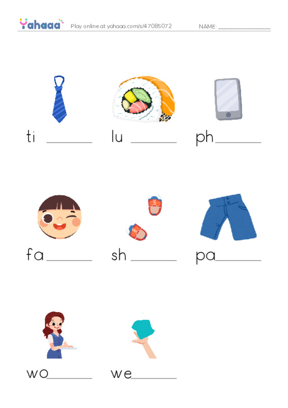 Finish the word worksheet for Wet Wally