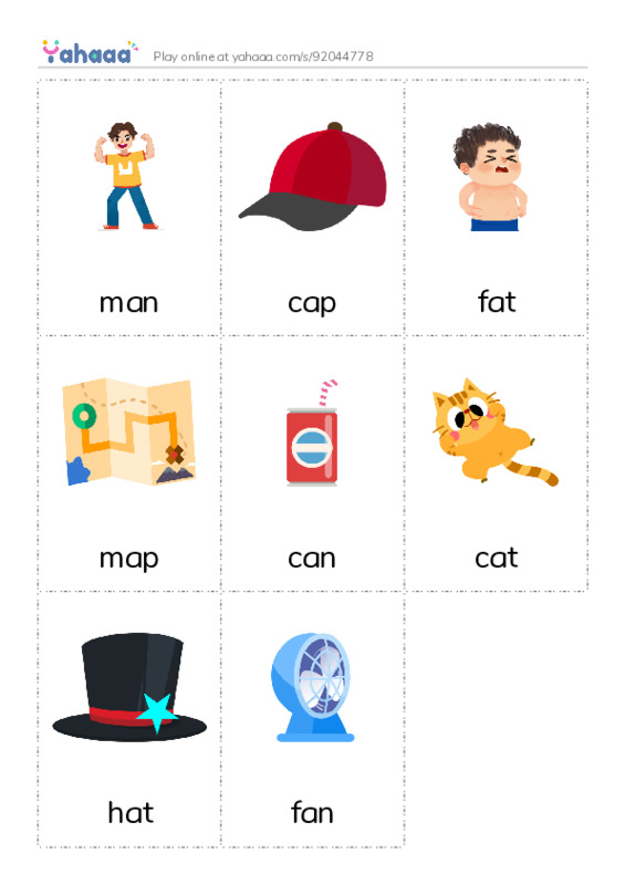 Picture flashcards worksheet for man, cap, fat and 5 more