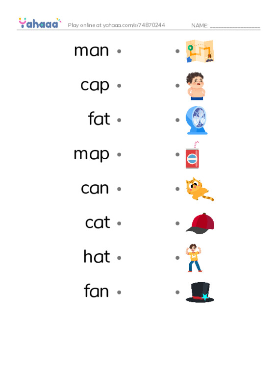 Draw a line to match worksheet for man, cap, fat and 5 more