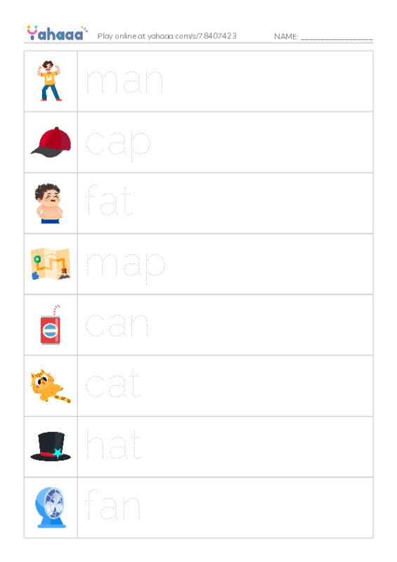 Picture and word rows worksheet for man, cap, fat and 5 more