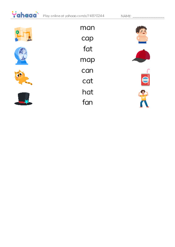 Match both sides worksheet for man, cap, fat and 5 more