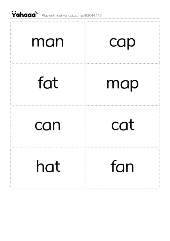 Word flashcards worksheet for man, cap, fat and 5 more