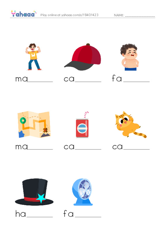 Finish the word worksheet for man, cap, fat and 5 more
