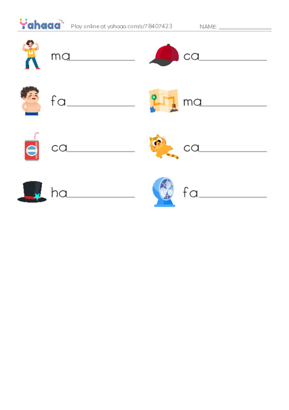 Write the word rows worksheet for man, cap, fat and 5 more