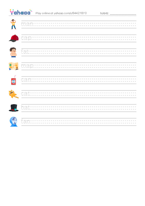 Handwriting lines worksheet for man, cap, fat and 5 more