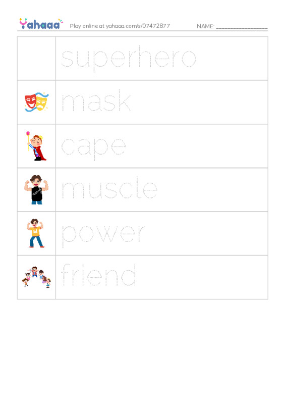 Picture and word rows worksheet for Make a Superhero