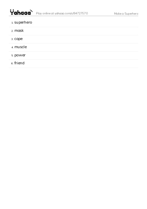 Word list with meanings worksheet for Make a Superhero