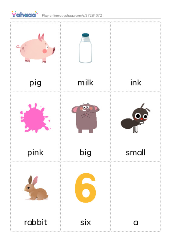 Picture flashcards worksheet for pig, milk, ink and 12 more