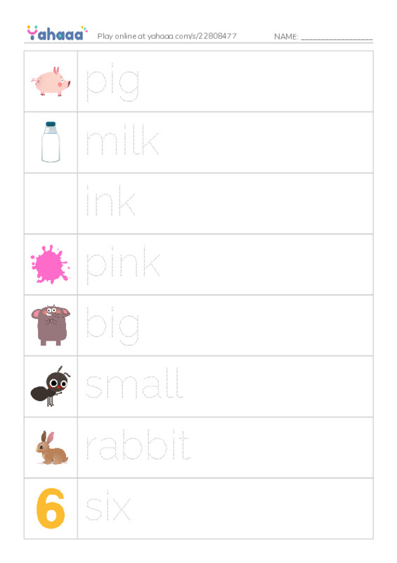 Picture and word rows worksheet for pig, milk, ink and 12 more