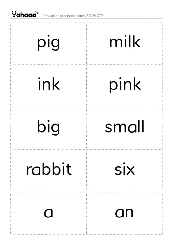 Word flashcards worksheet for pig, milk, ink and 12 more