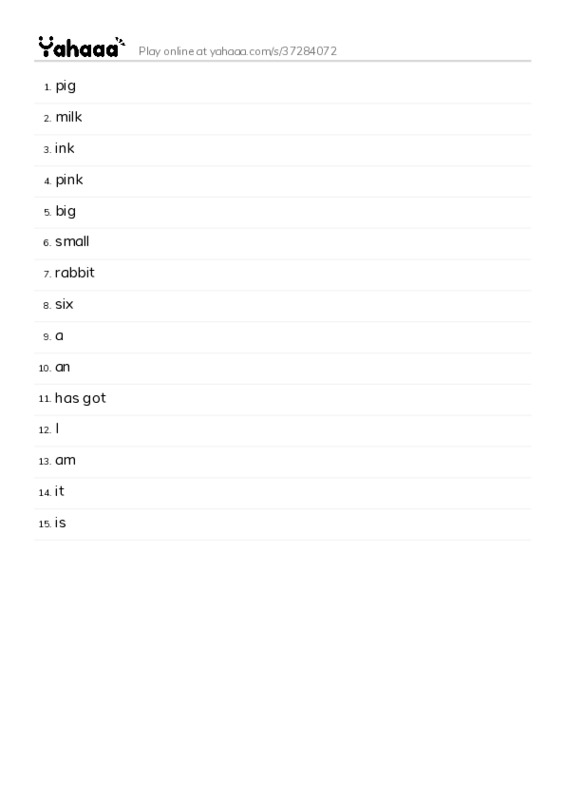 Word list with meanings worksheet for pig, milk, ink and 12 more