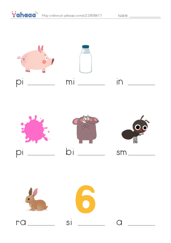 Finish the word worksheet for pig, milk, ink and 12 more