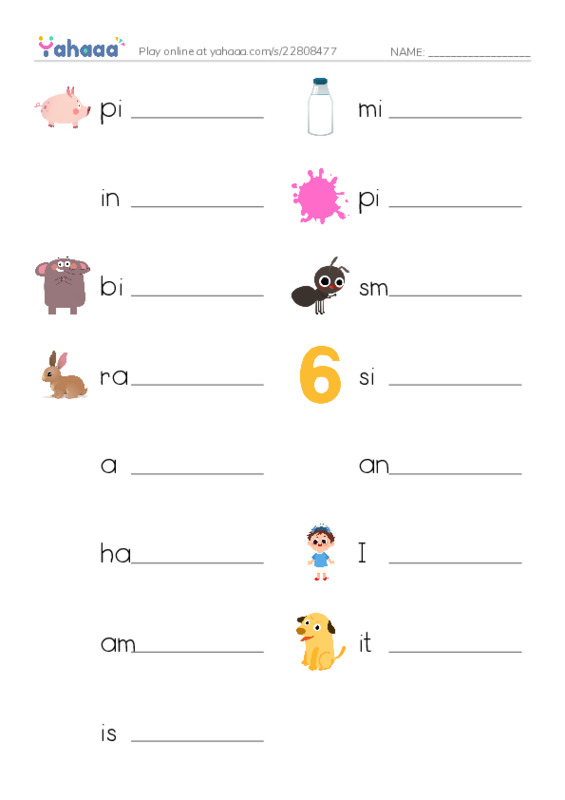 Write the word rows worksheet for pig, milk, ink and 12 more