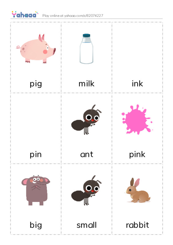 Picture flashcards worksheet for pig, milk, ink and 14 more