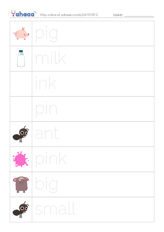 Picture and word rows worksheet for pig, milk, ink and 14 more