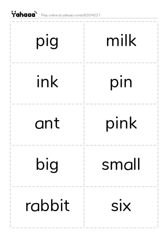 Word flashcards worksheet for pig, milk, ink and 14 more