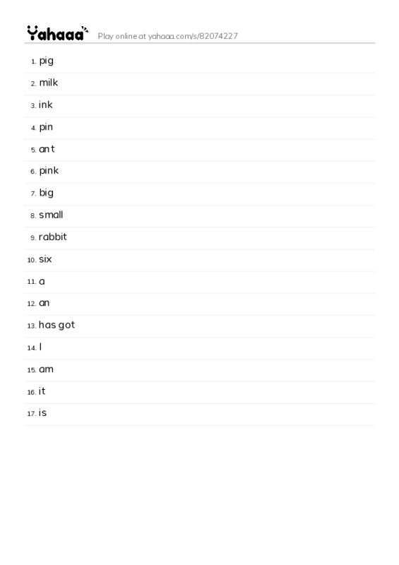 Word list with meanings worksheet for pig, milk, ink and 14 more